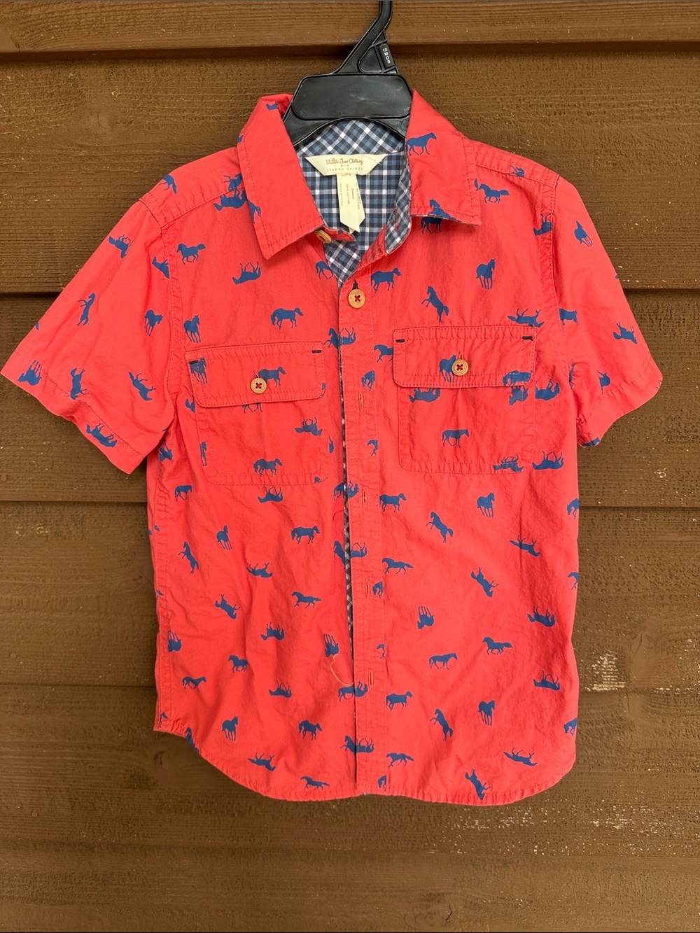 Matilda Jane Red Short-Sleeve Button Down Shirt with Blue Horse Print size 6